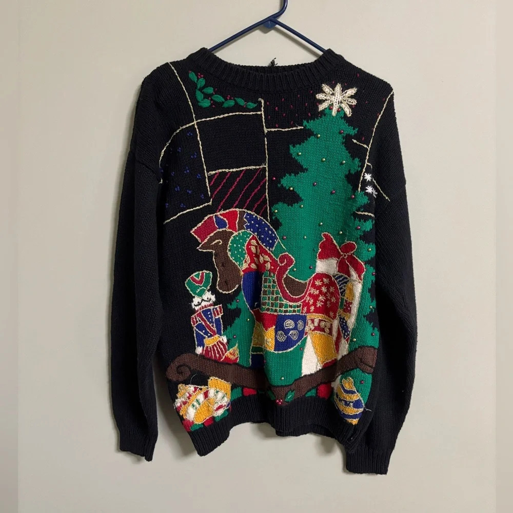 Vintage 90s Black Graphic Knit Embellished Ugly Christmas Sweater Size Large